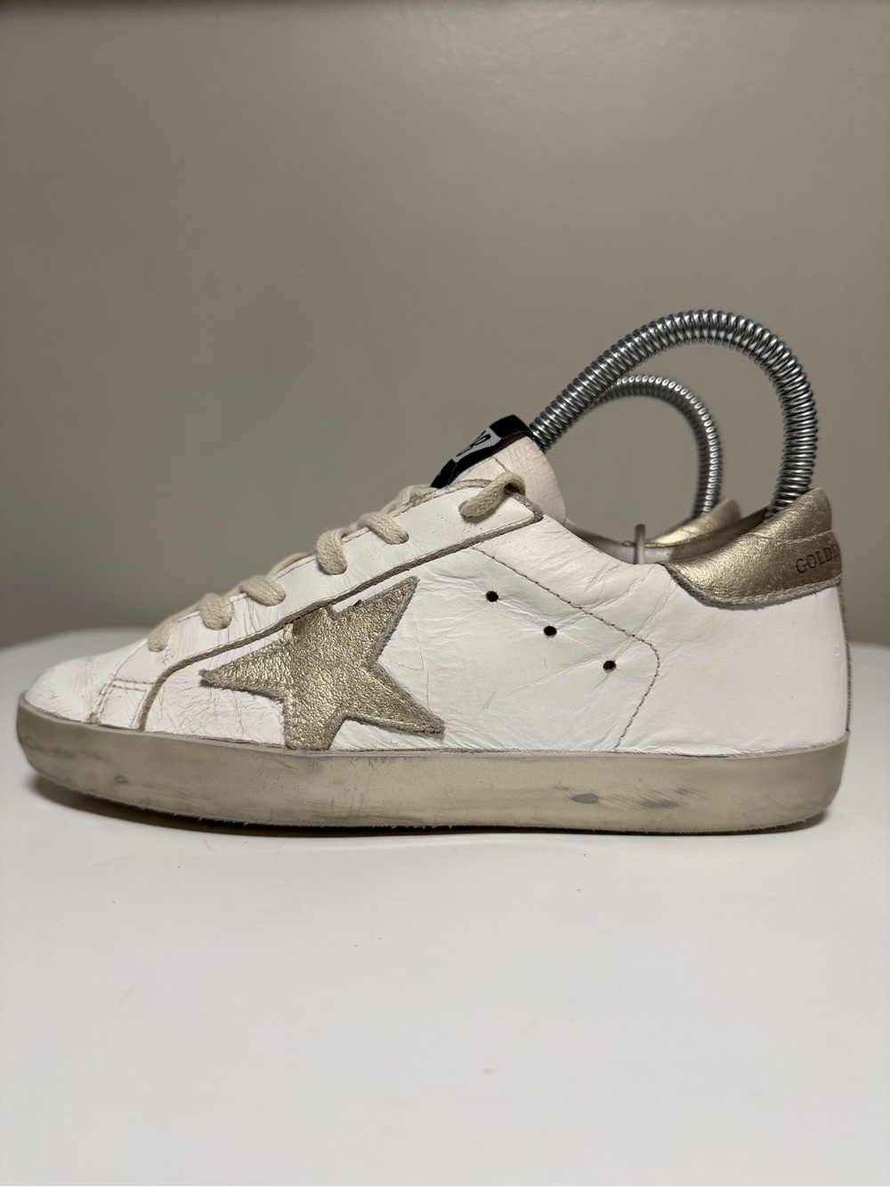 Golden Goose Super-Star with gold sparkle foxing and metal stud lettering EU 34